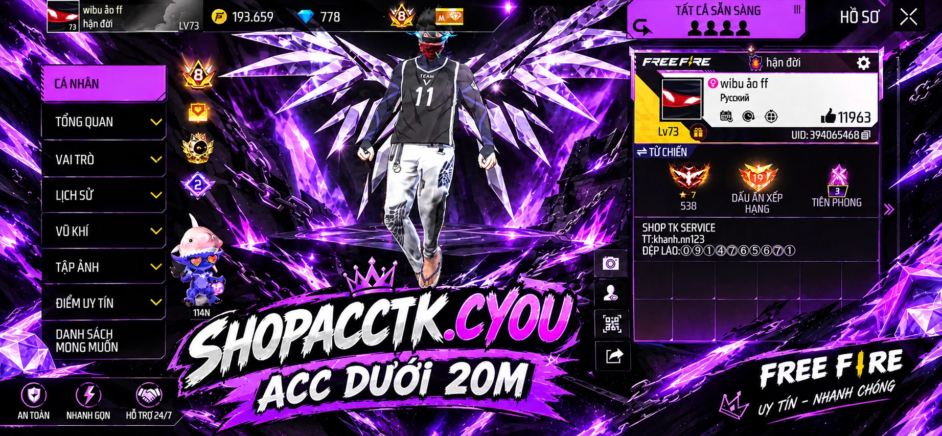 ACC FREE FIRE DƯỚI 20M